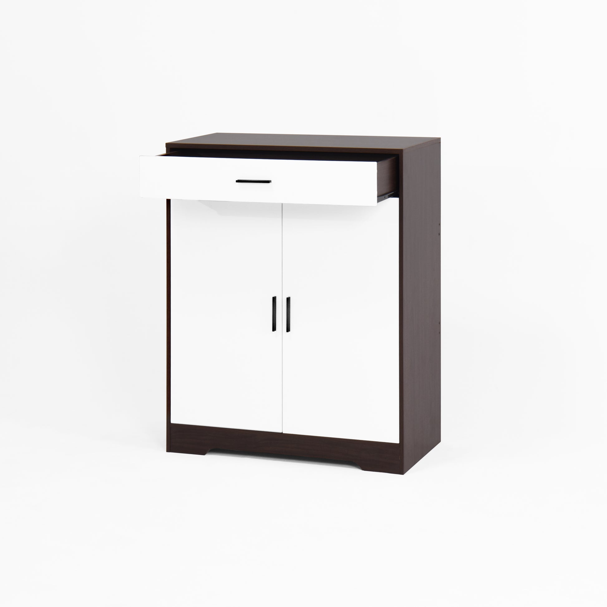 Modern dark wood and white cabinet with two doors and one open drawer
