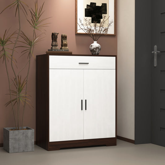 Dark wood and white shoe cabinet with two doors and a drawer