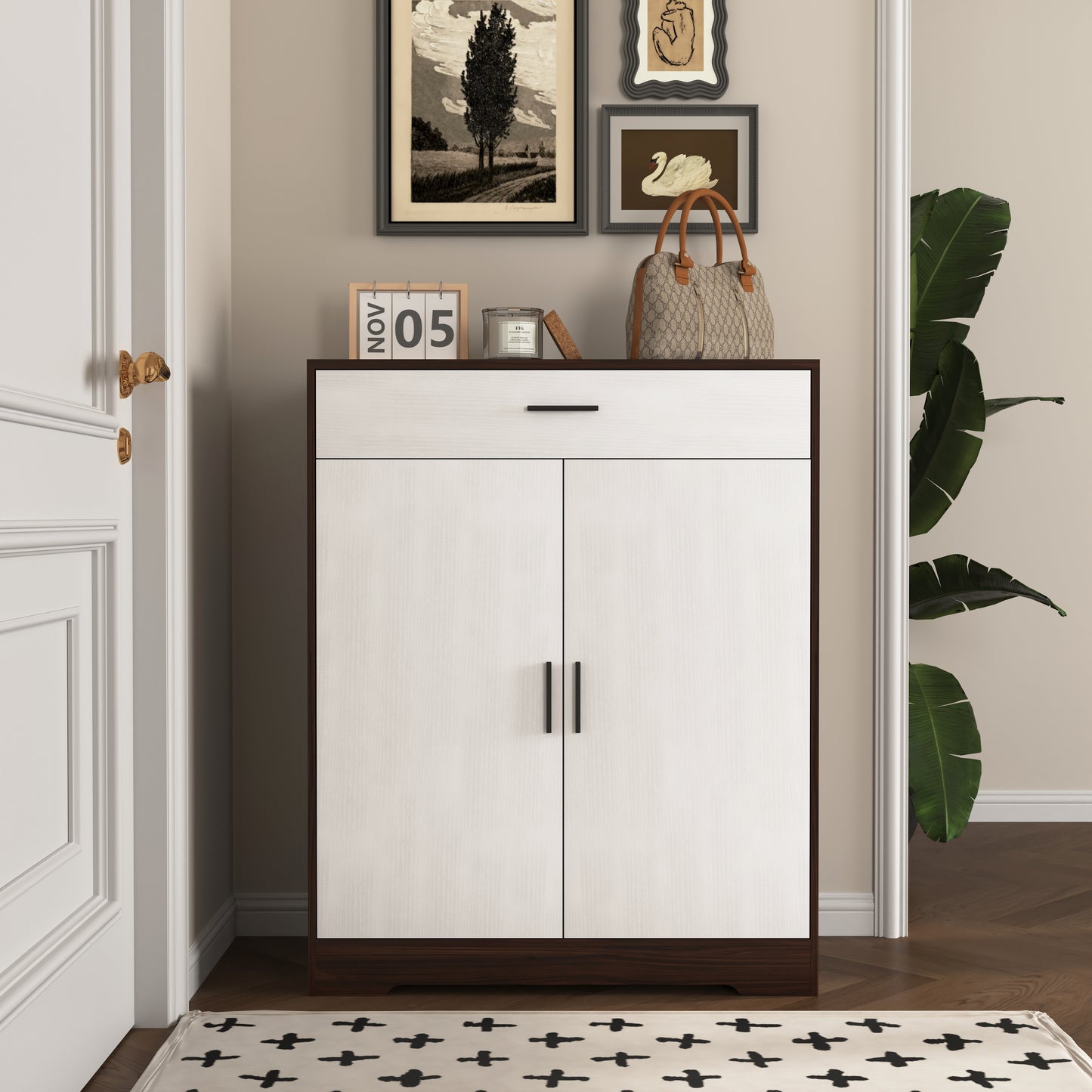 White and dark wood shoe cabinet with two doors and one drawer