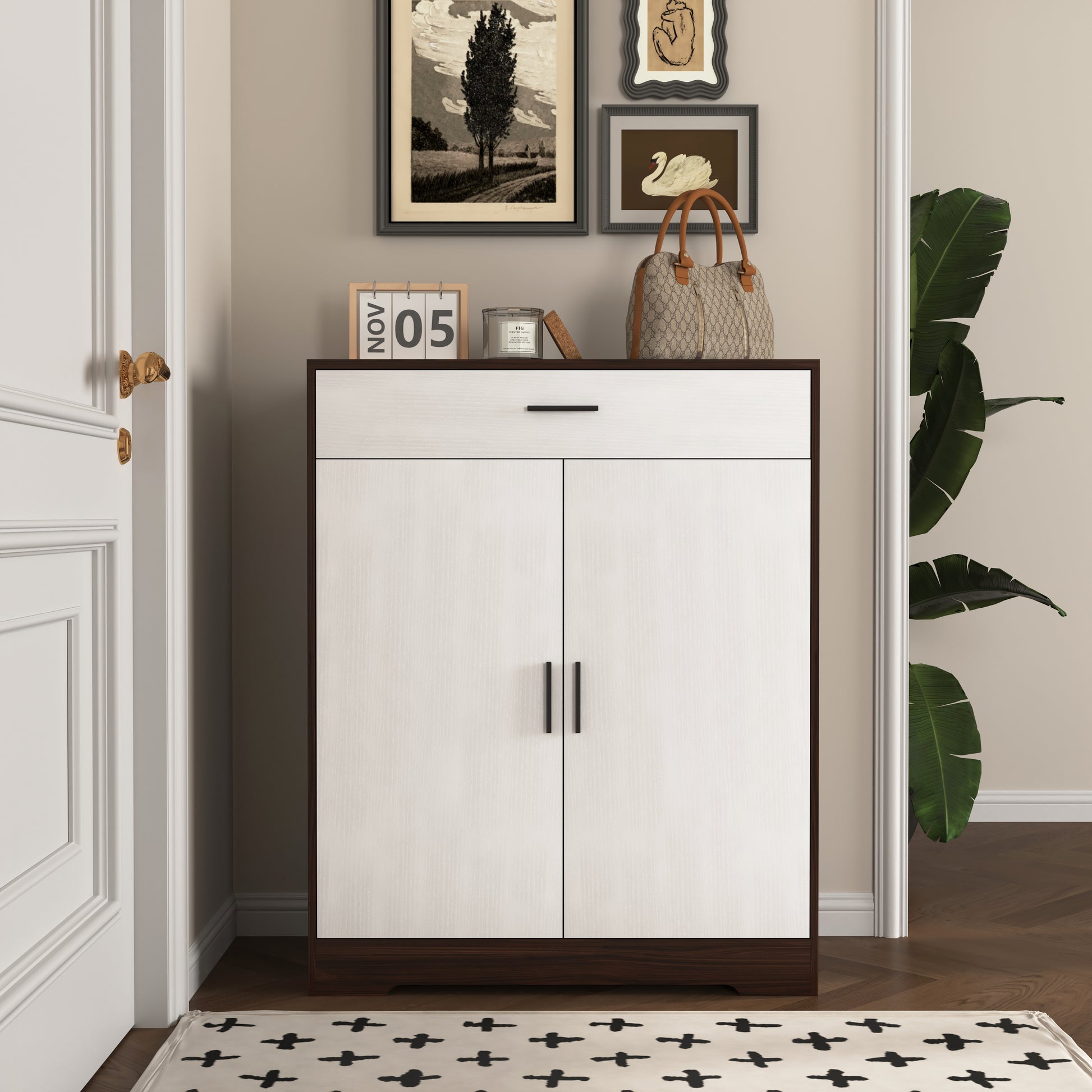 White and dark wood shoe cabinet with two doors and one drawer