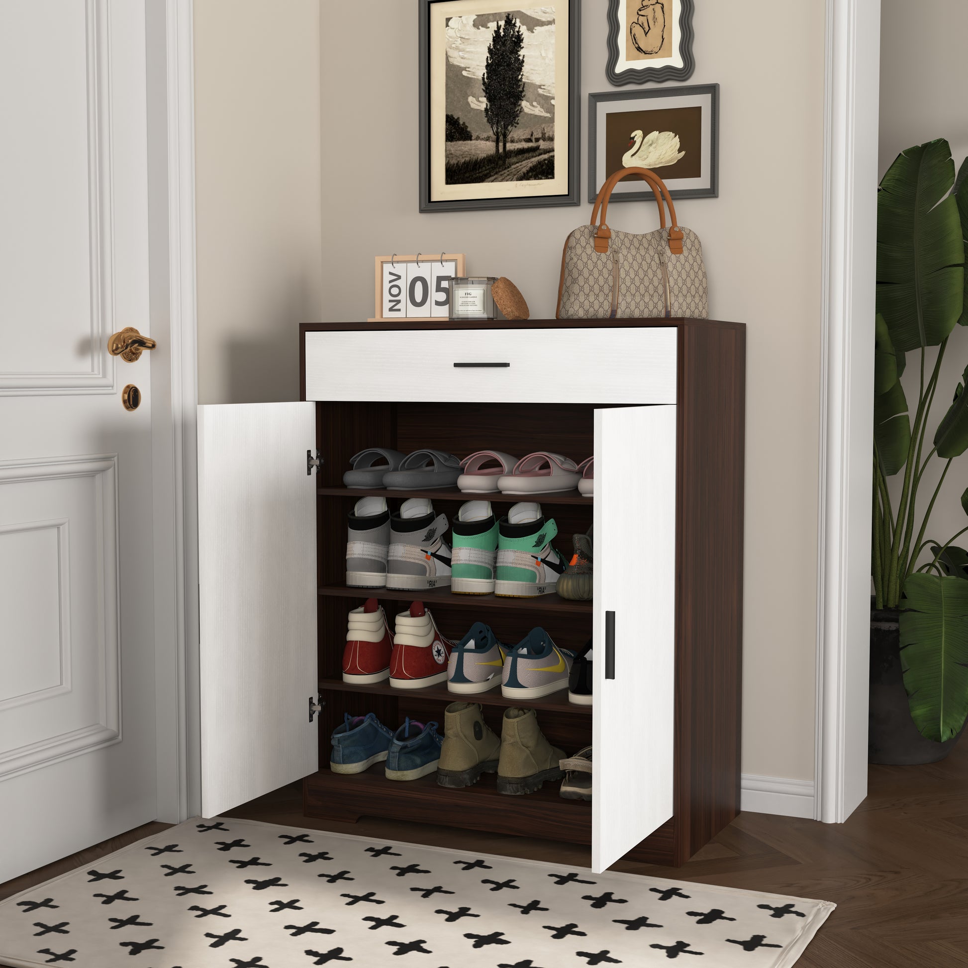 Modern dark wood and white shoe cabinet with open doors displaying various shoes
