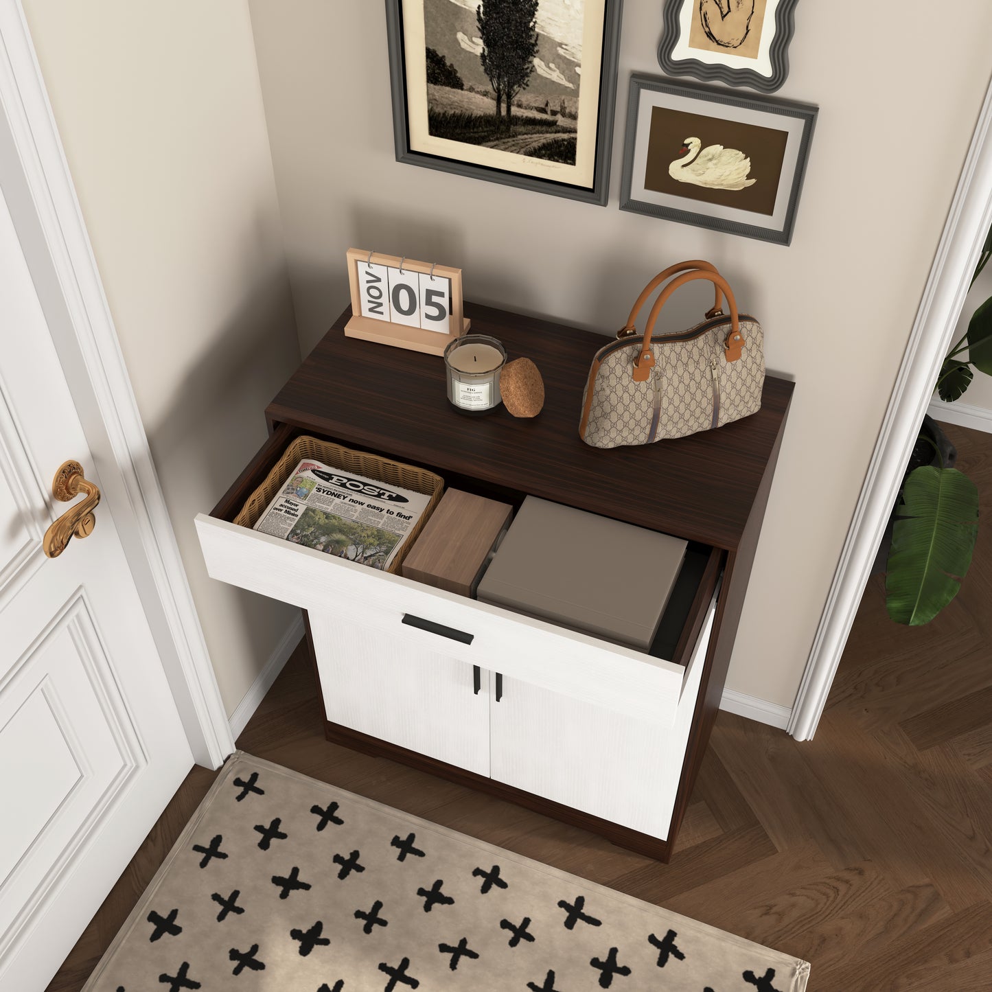 Wooden hall console table with two white drawers and a dark wood top