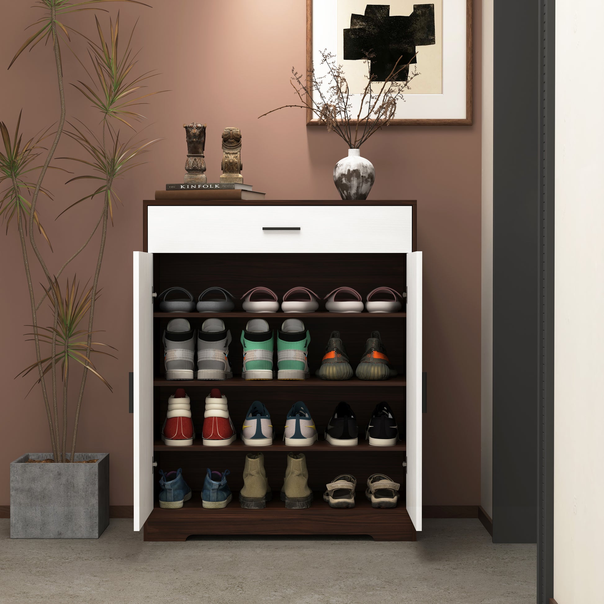 Modern entryway shoe cabinet with adjustable shelves and drawer