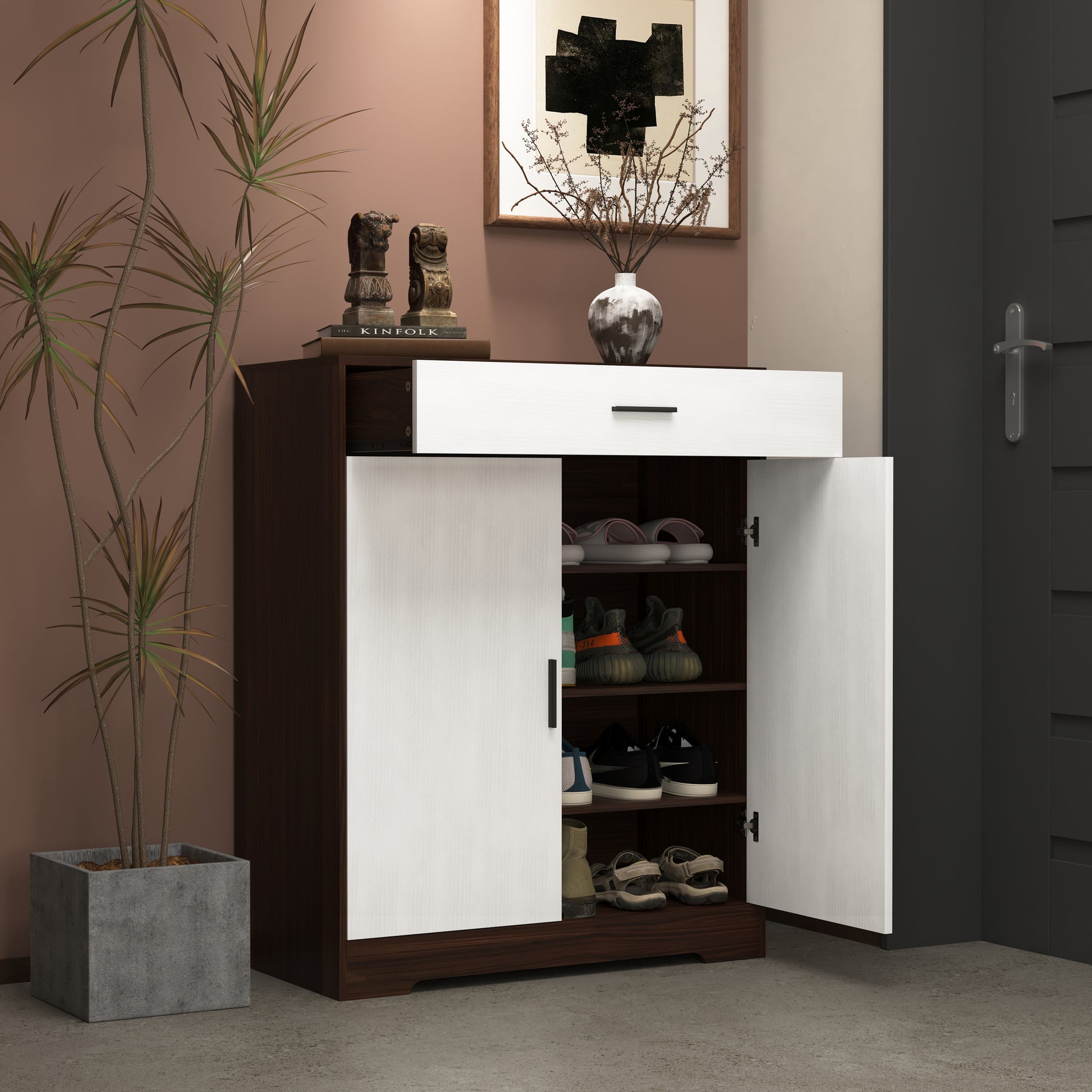Dark wood and white shoe cabinet with open doors showing shoes