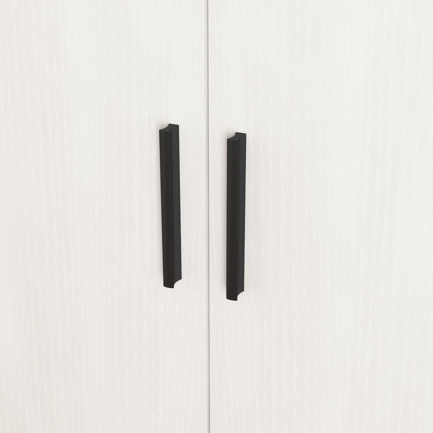 Modern black cabinet handles on white textured doors