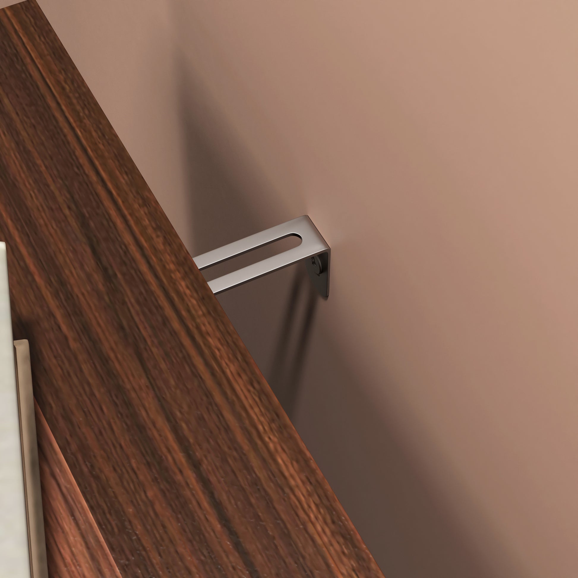 Brushed nickel shelf bracket with minimalist design supporting a wood shelf