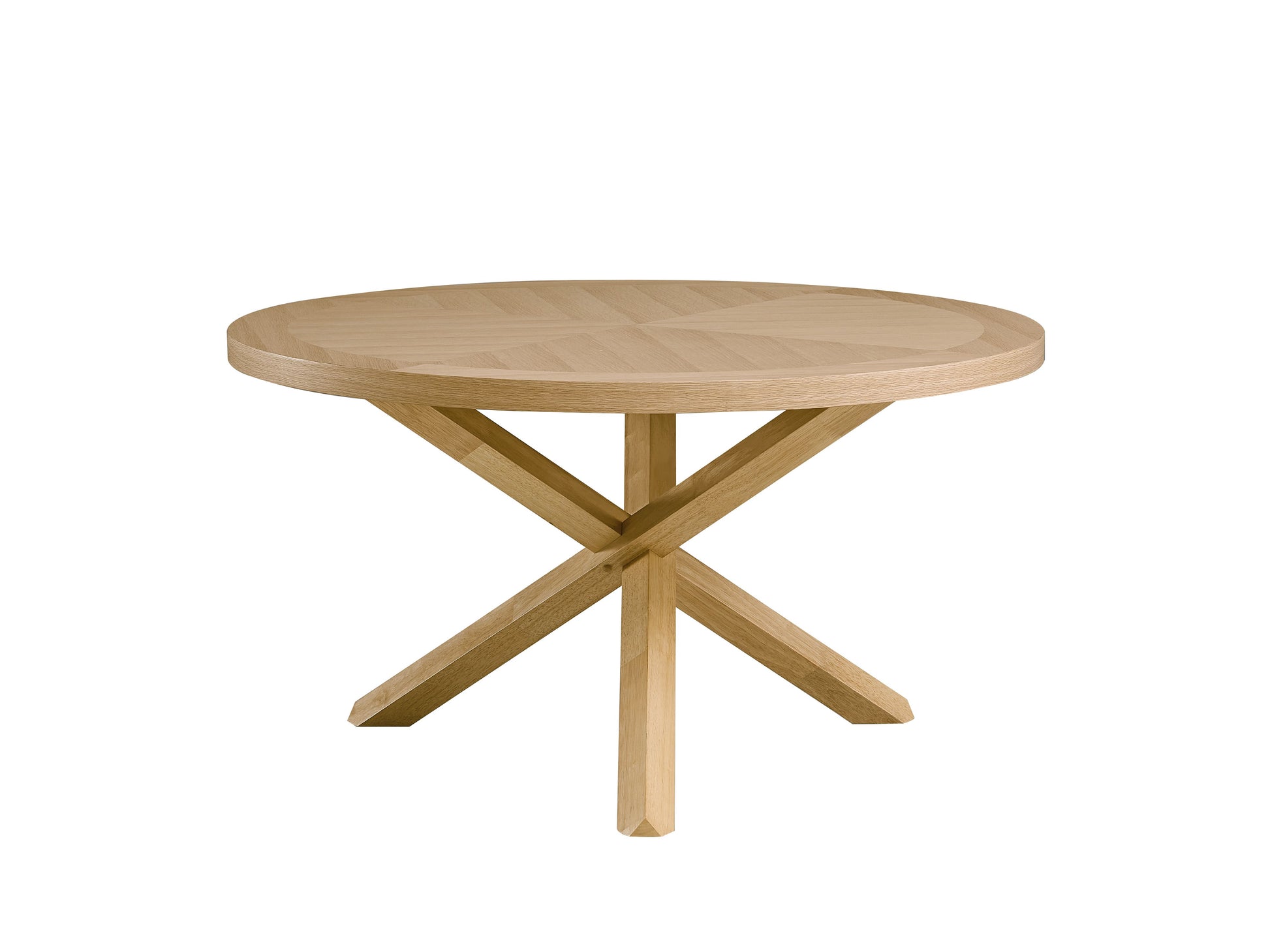 Round oak wood side table with a modern crossleg base