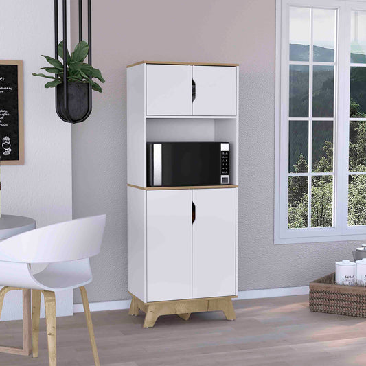 White and wood kitchen bakers rack with microwave compartment