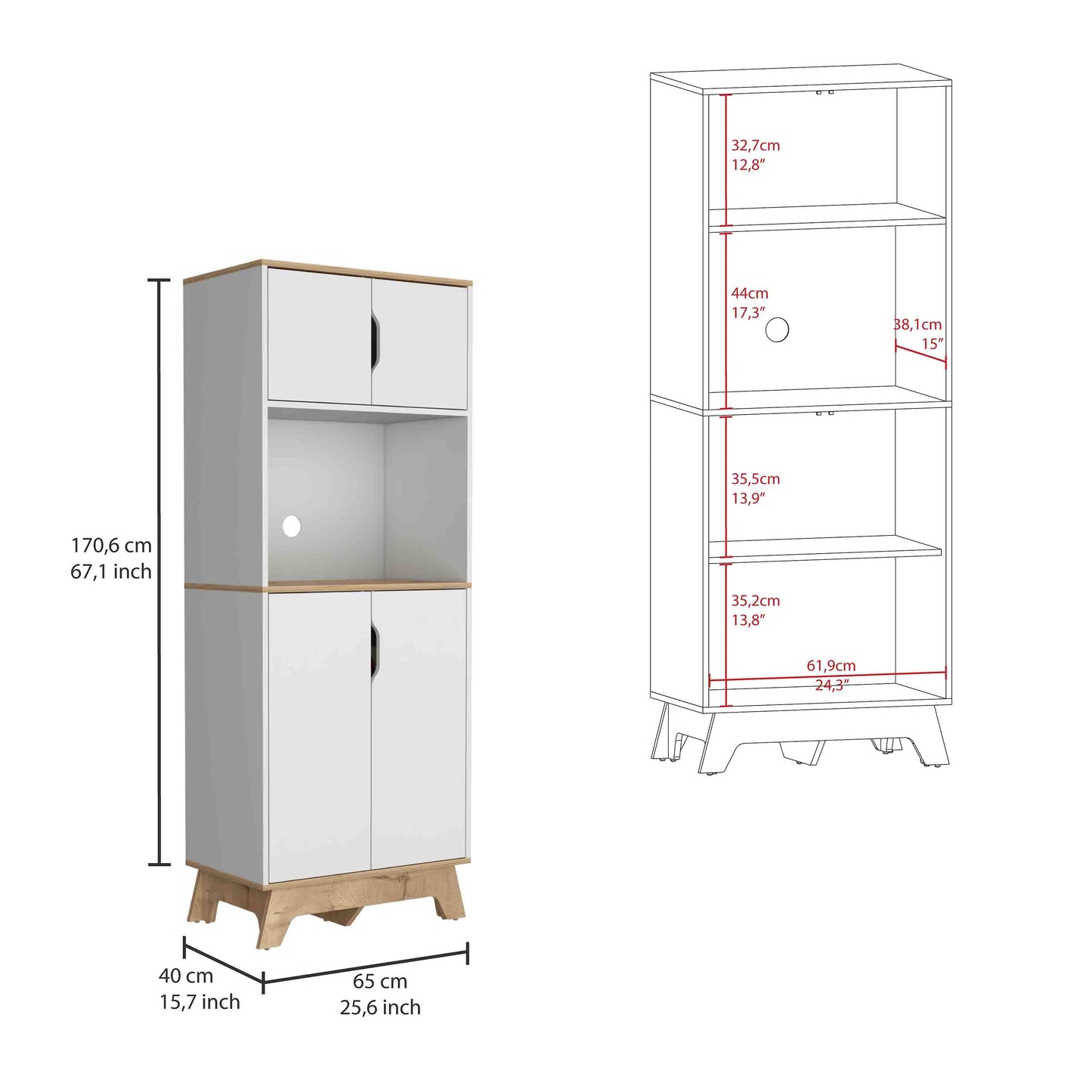 White and oak kitchen cabinet with dimensions shown