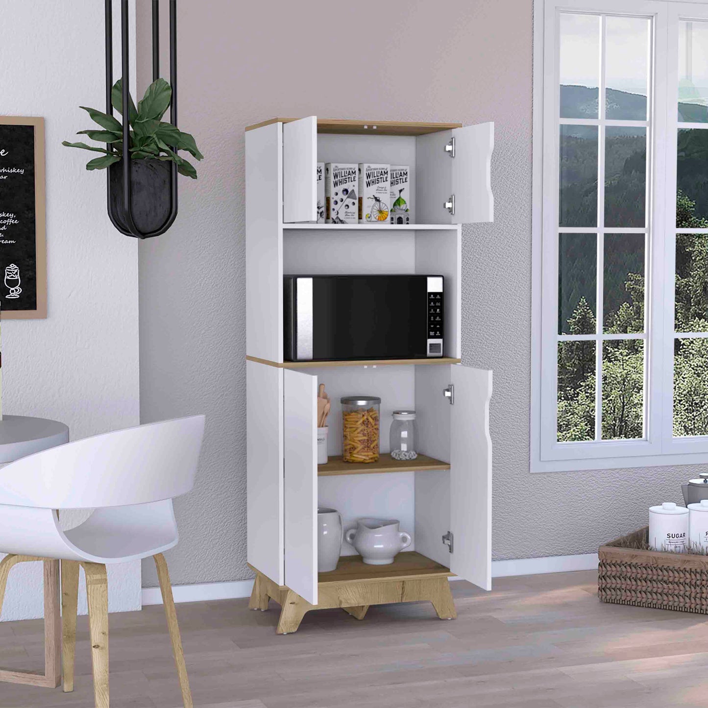 White and oak tall storage cabinet with open doors