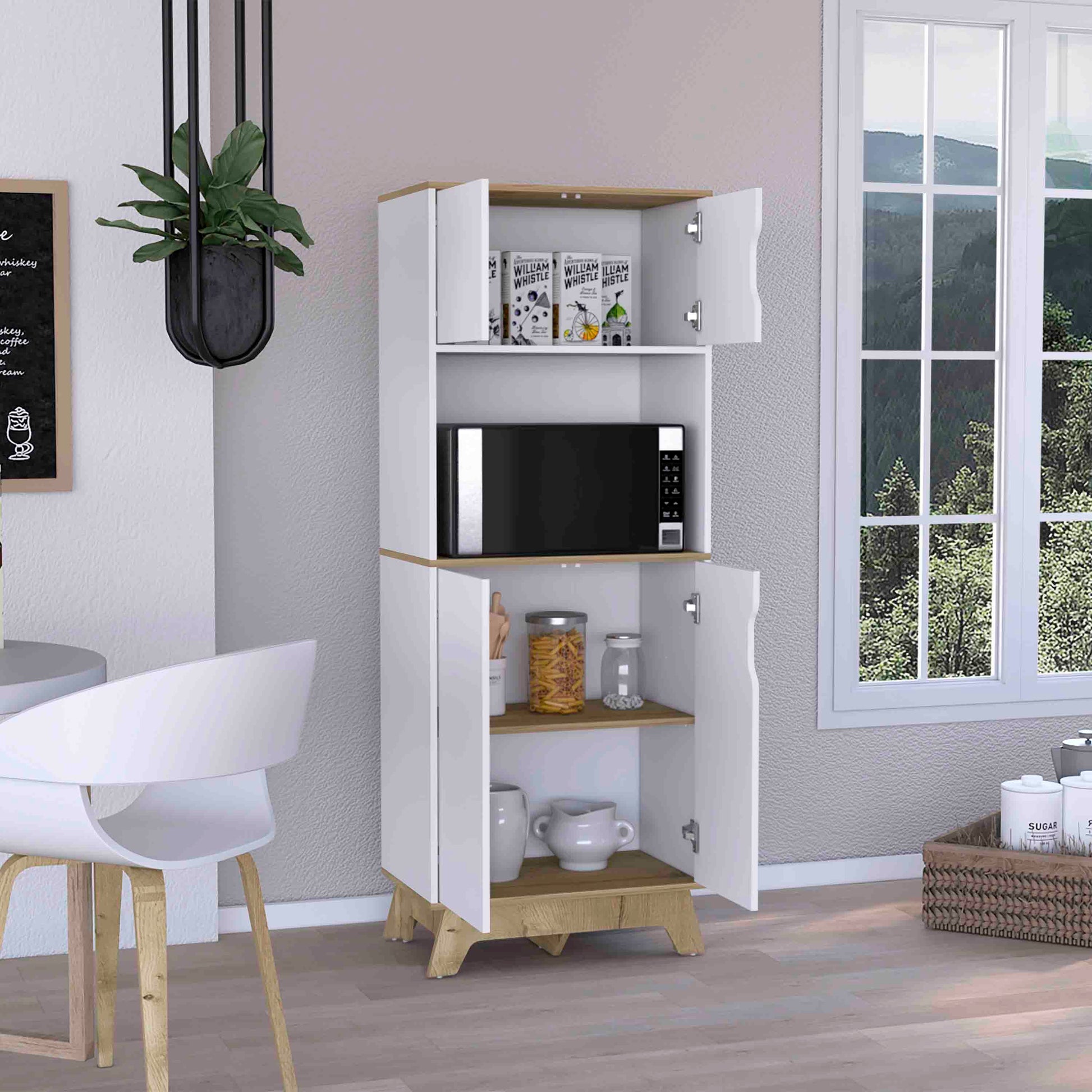 White and oak tall storage cabinet with open doors