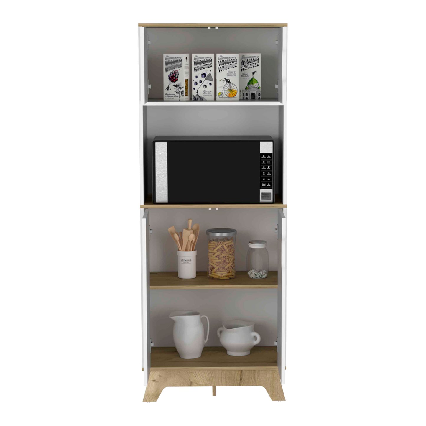 Tall white kitchen cabinet with wood accents