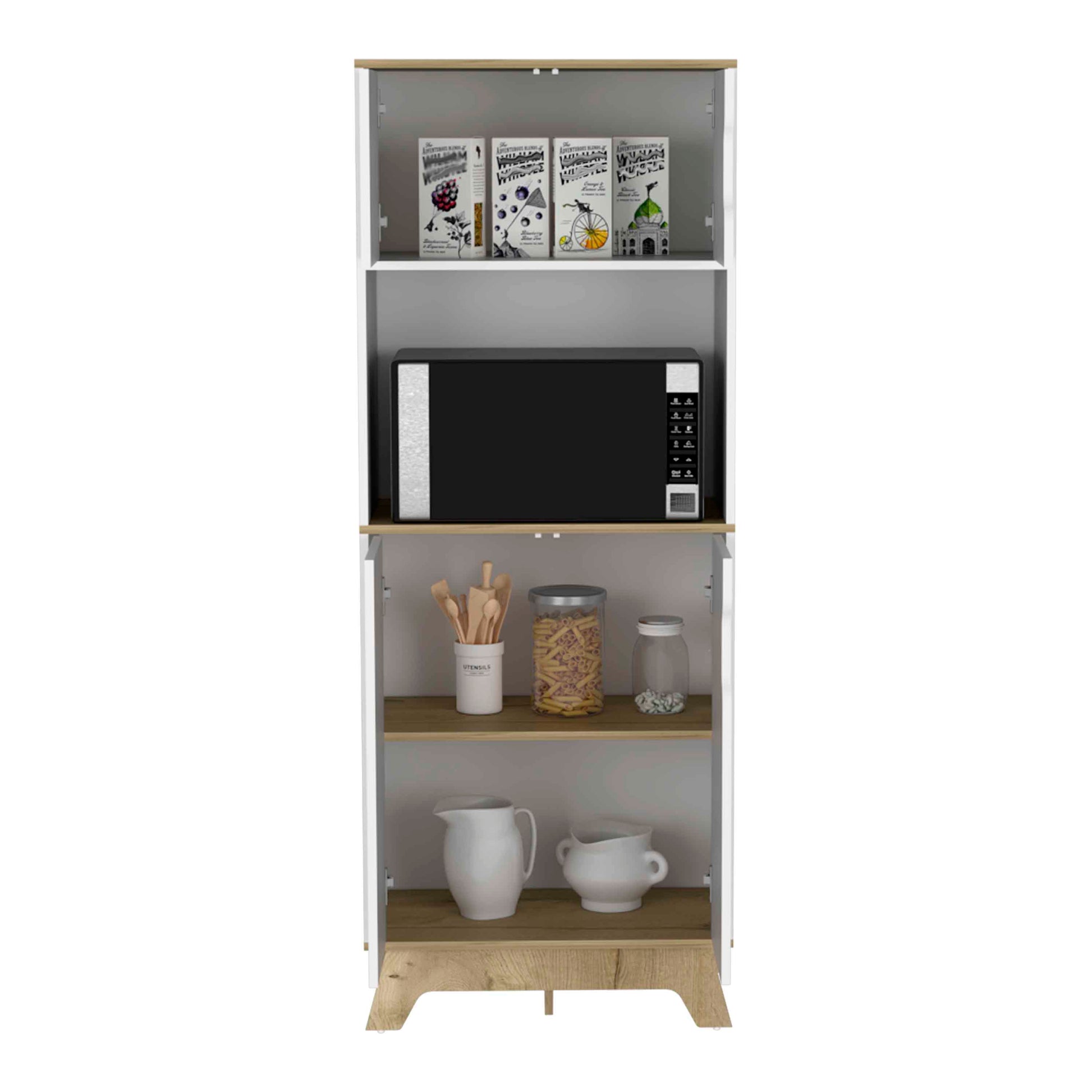 Tall white kitchen cabinet with wood accents
