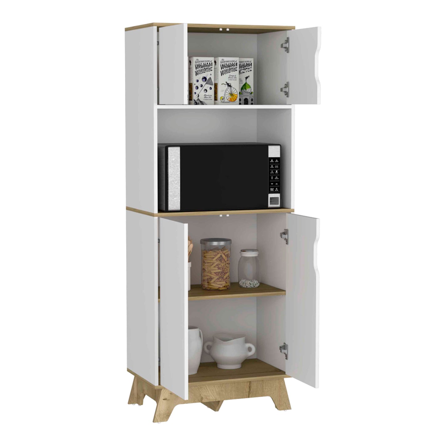 White kitchen storage cabinet with wood accents and open doors