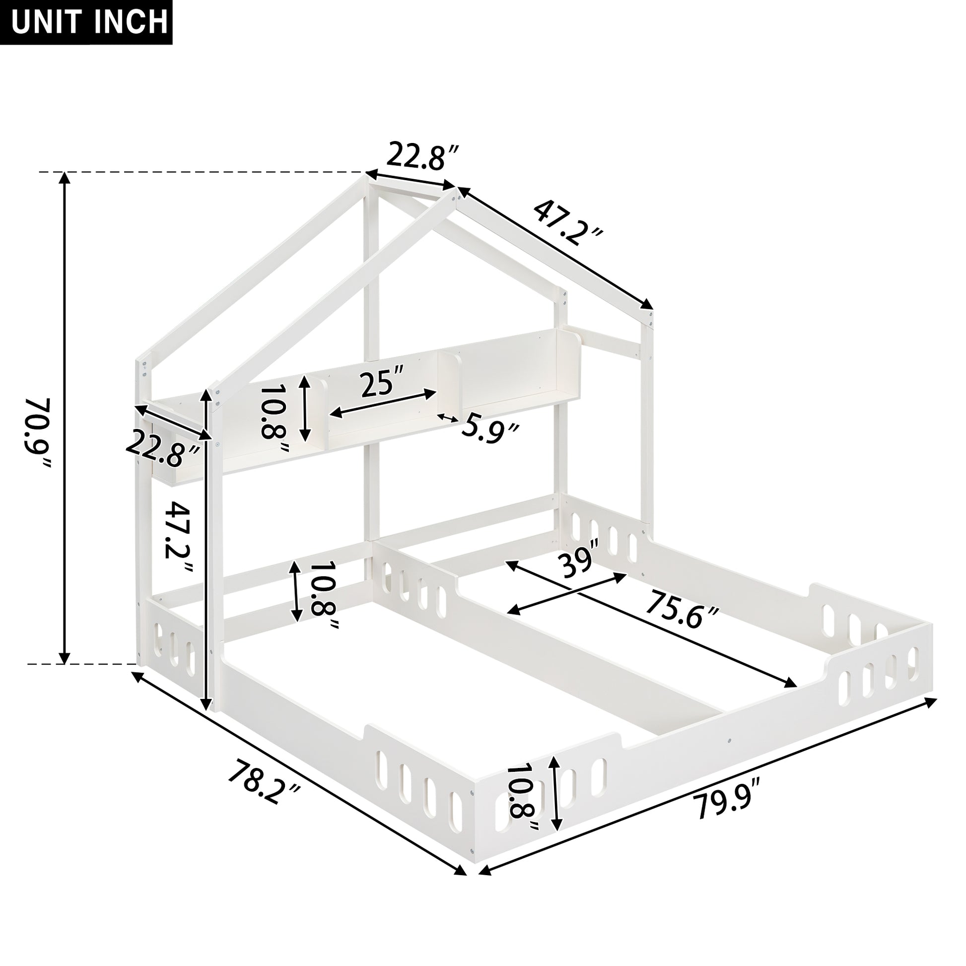 White wooden house bed frame with dimensions clearly marked