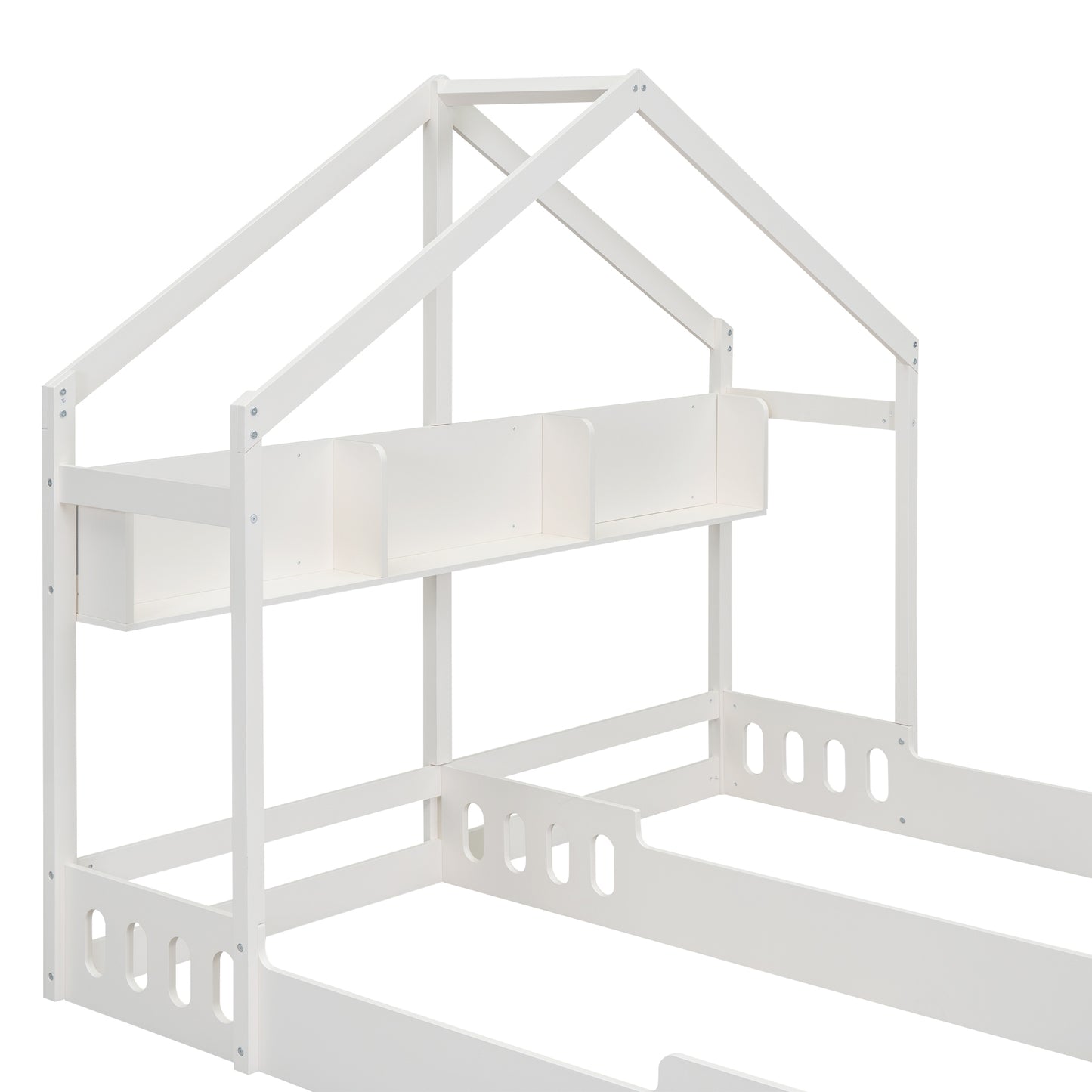White wooden house bed frame with builtin shelf