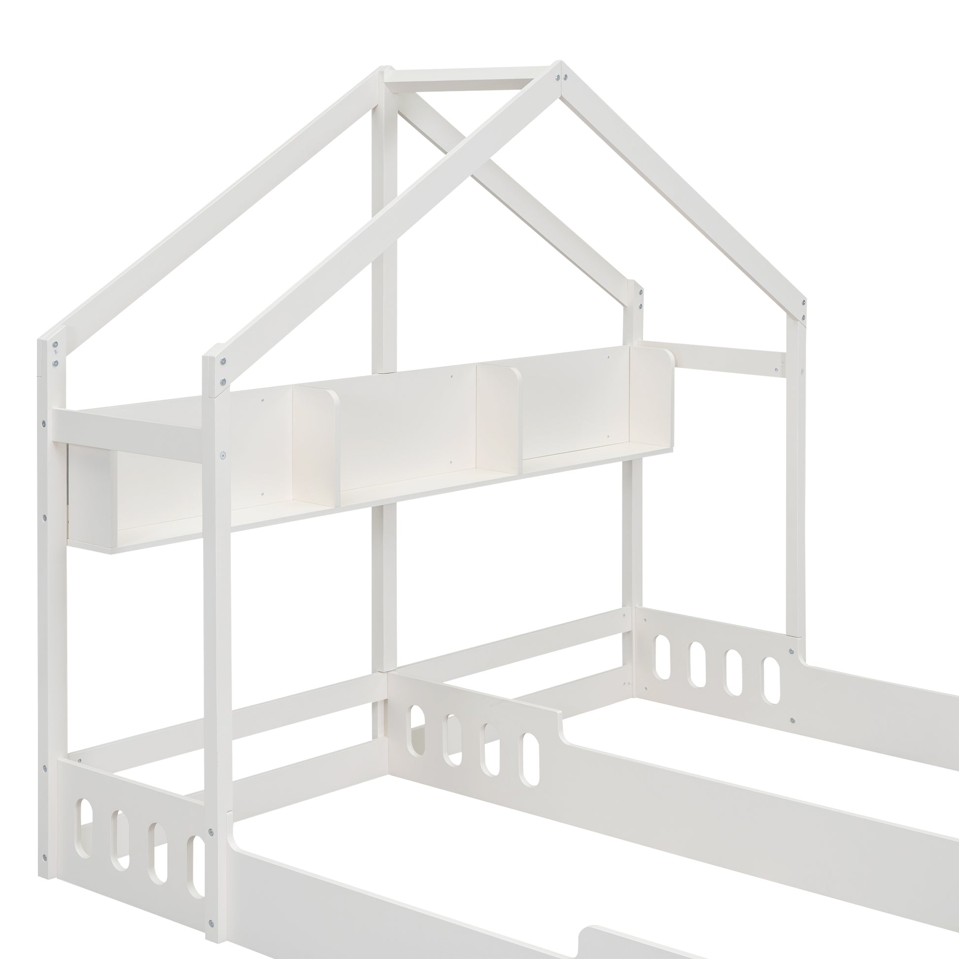 White wooden house bed frame with builtin shelf