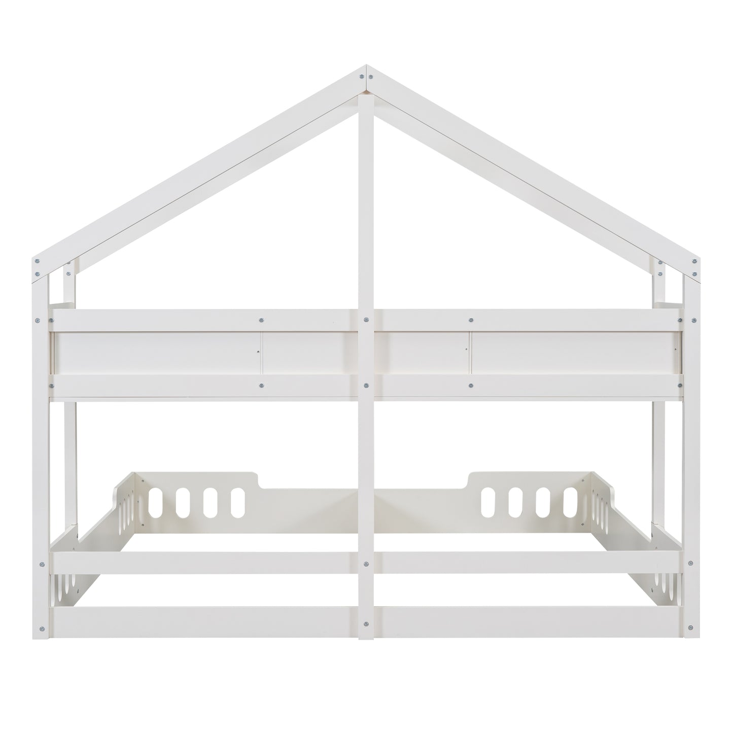 White wooden twin house bed frame with roof structure