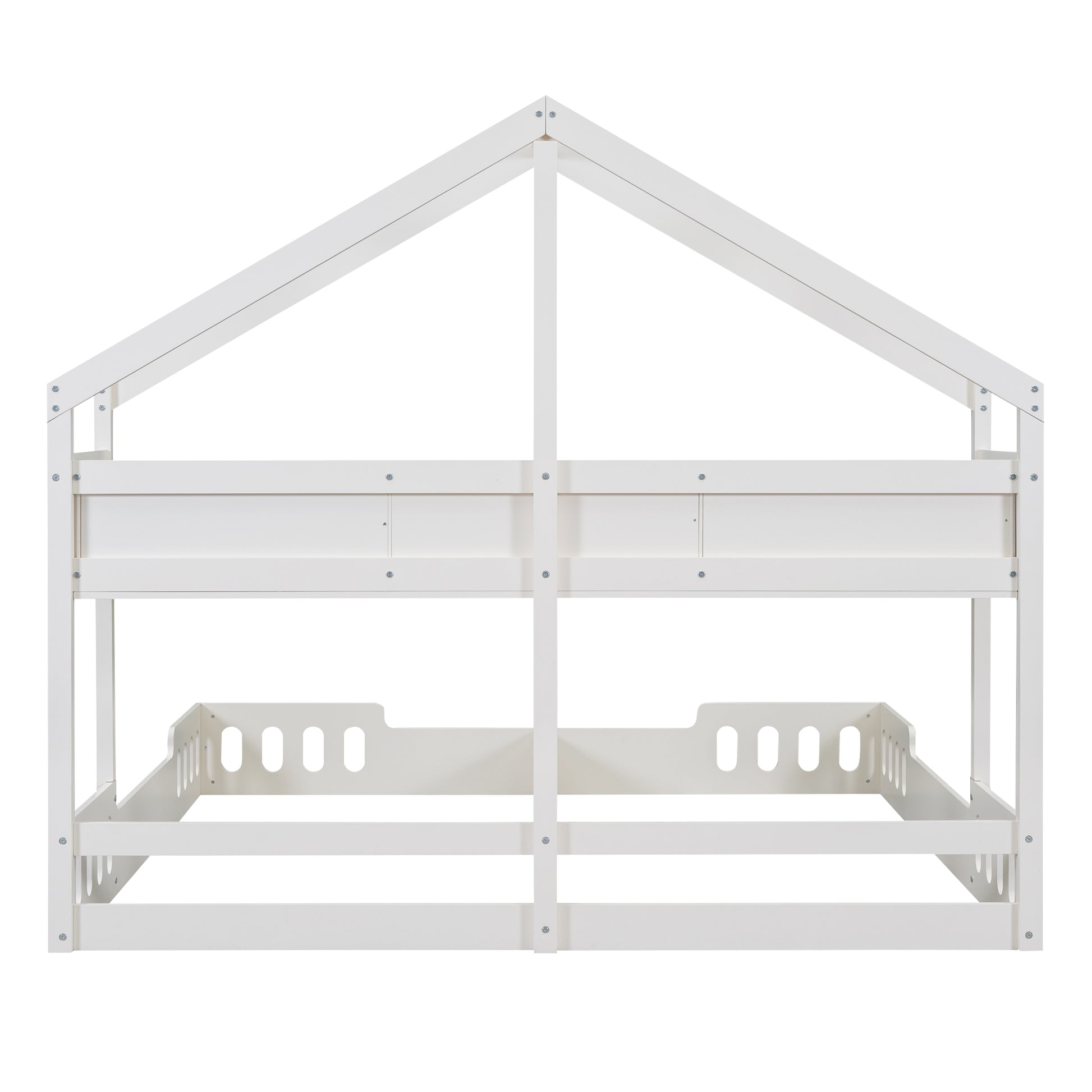 White wooden twin house bed frame with roof structure