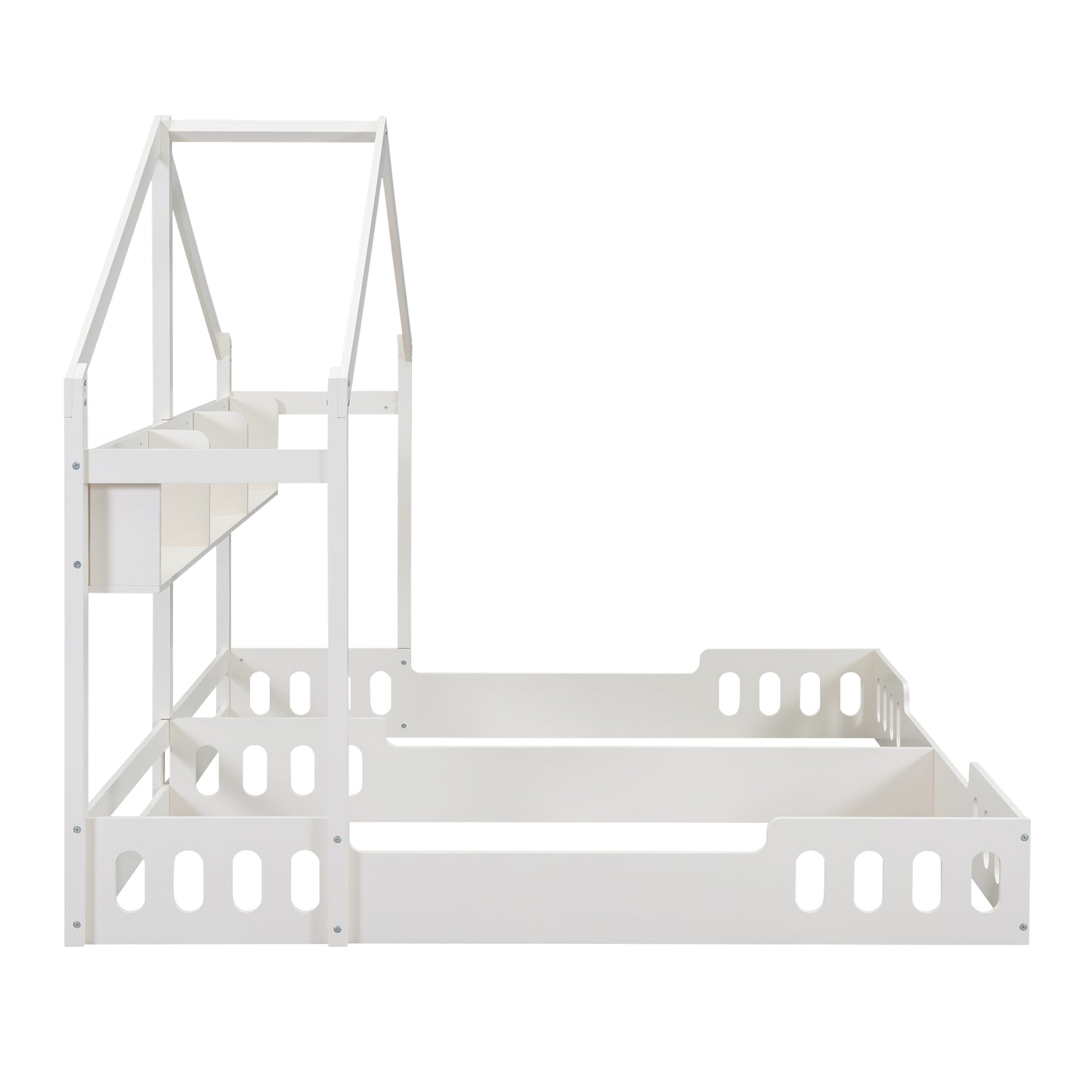 White wooden house bed frame with builtin shelves