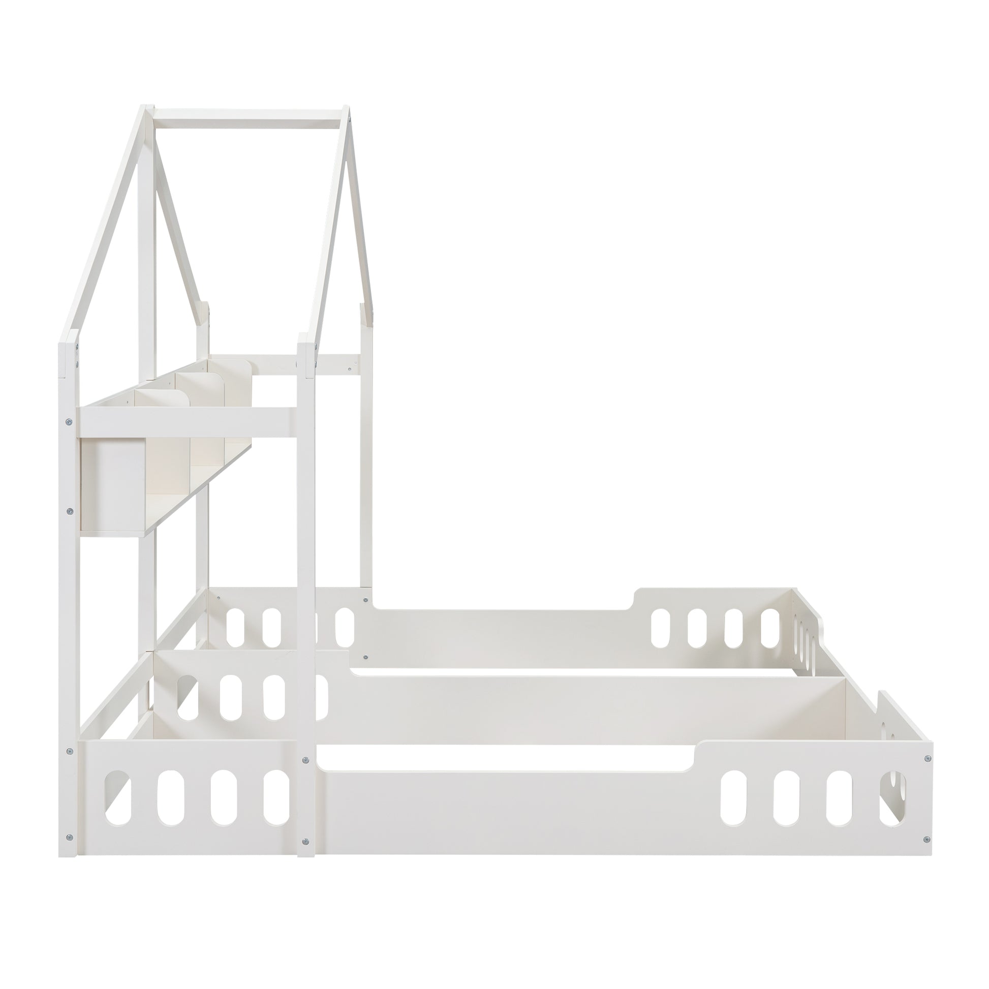 White wooden house bed frame with builtin shelves