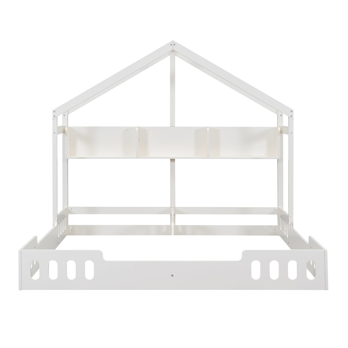 White wooden house bed frame with slatted headboard detail