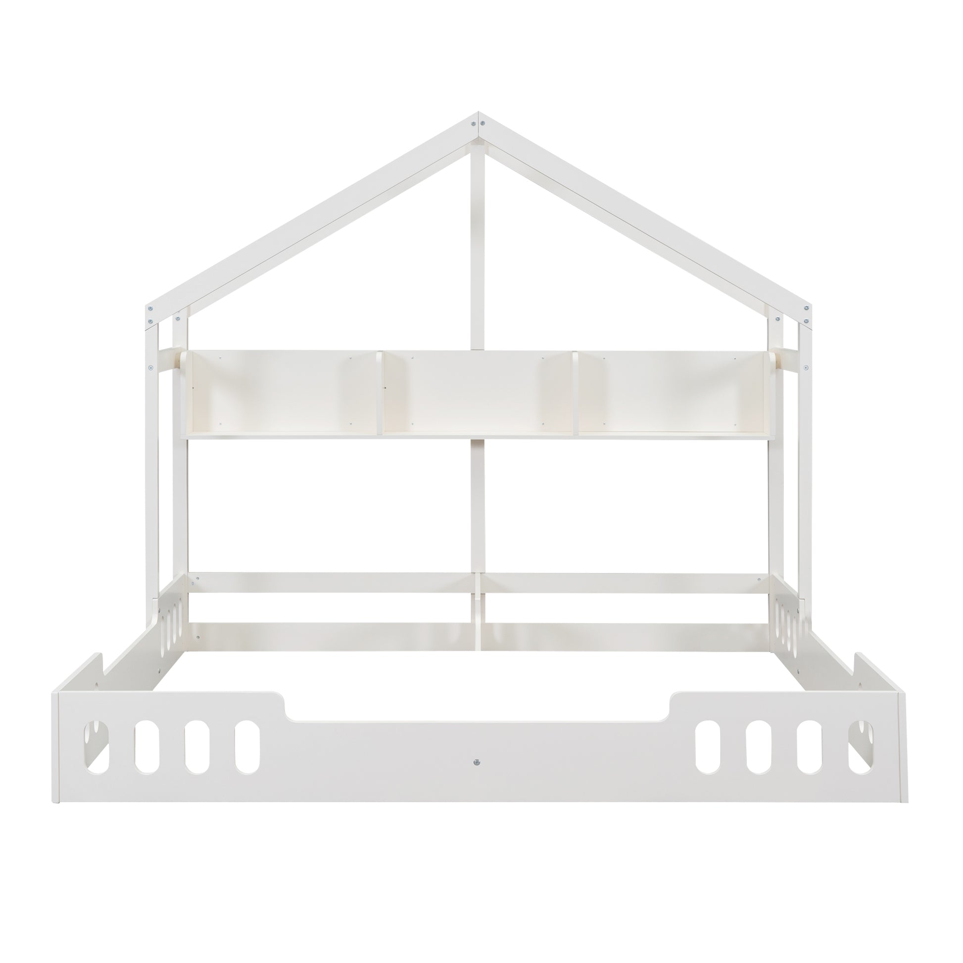 White wooden house bed frame with slatted headboard detail