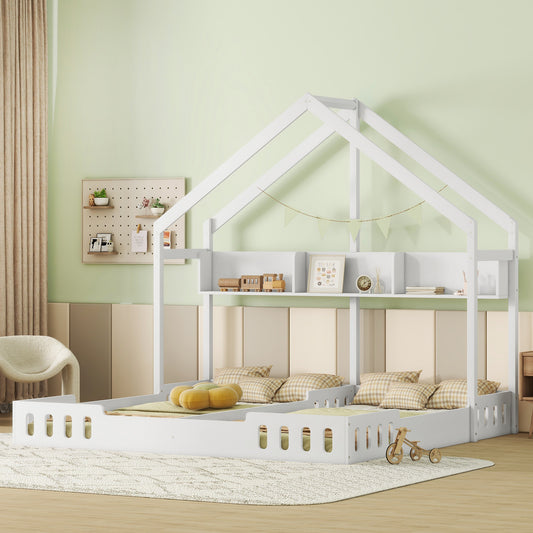 White wooden twin house bed with builtin shelves for children
