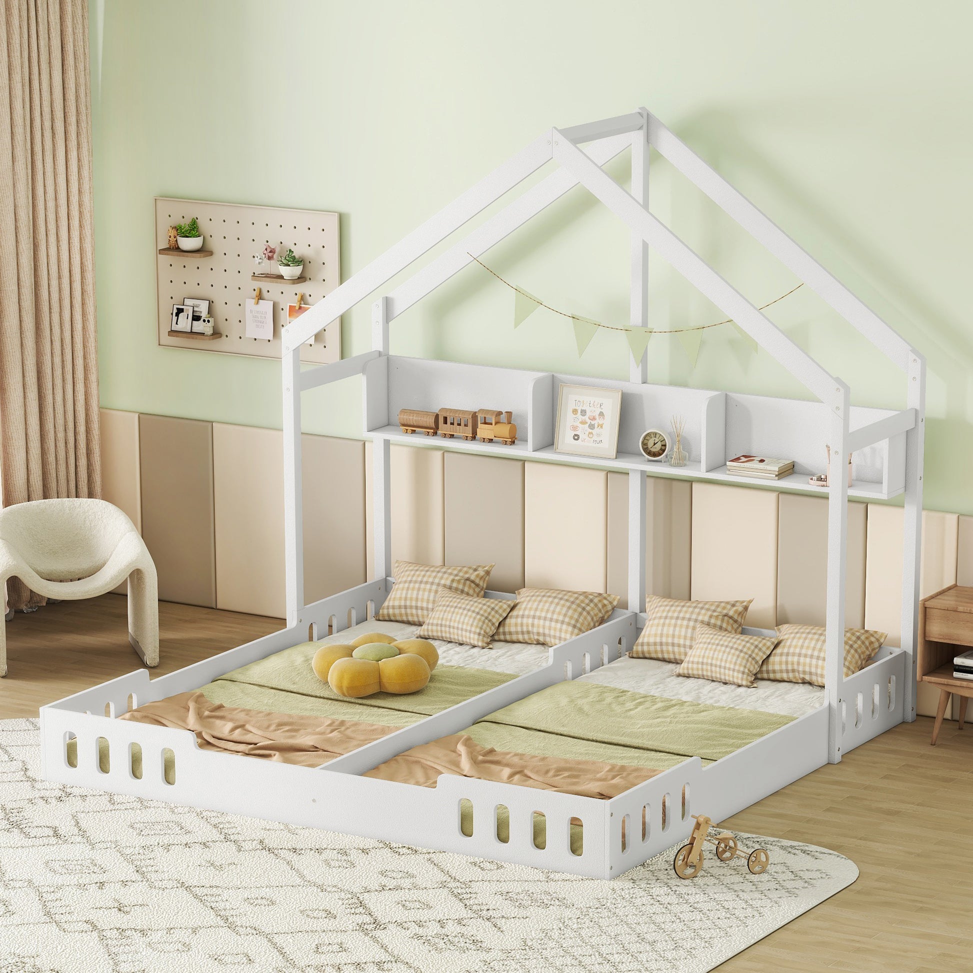White wooden house bed frame for two toddlers with safety rails