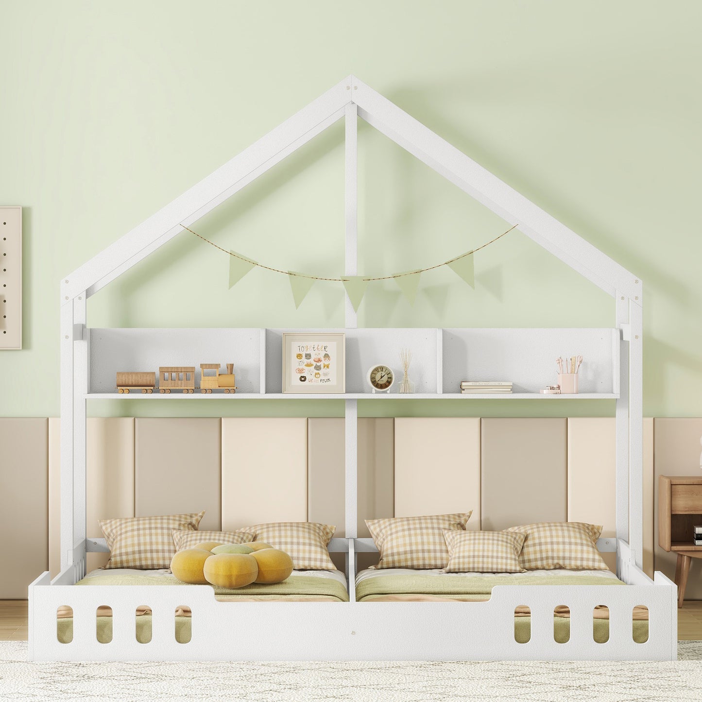 White wooden houseshaped twin bunk bed with two beds and integrated shelving