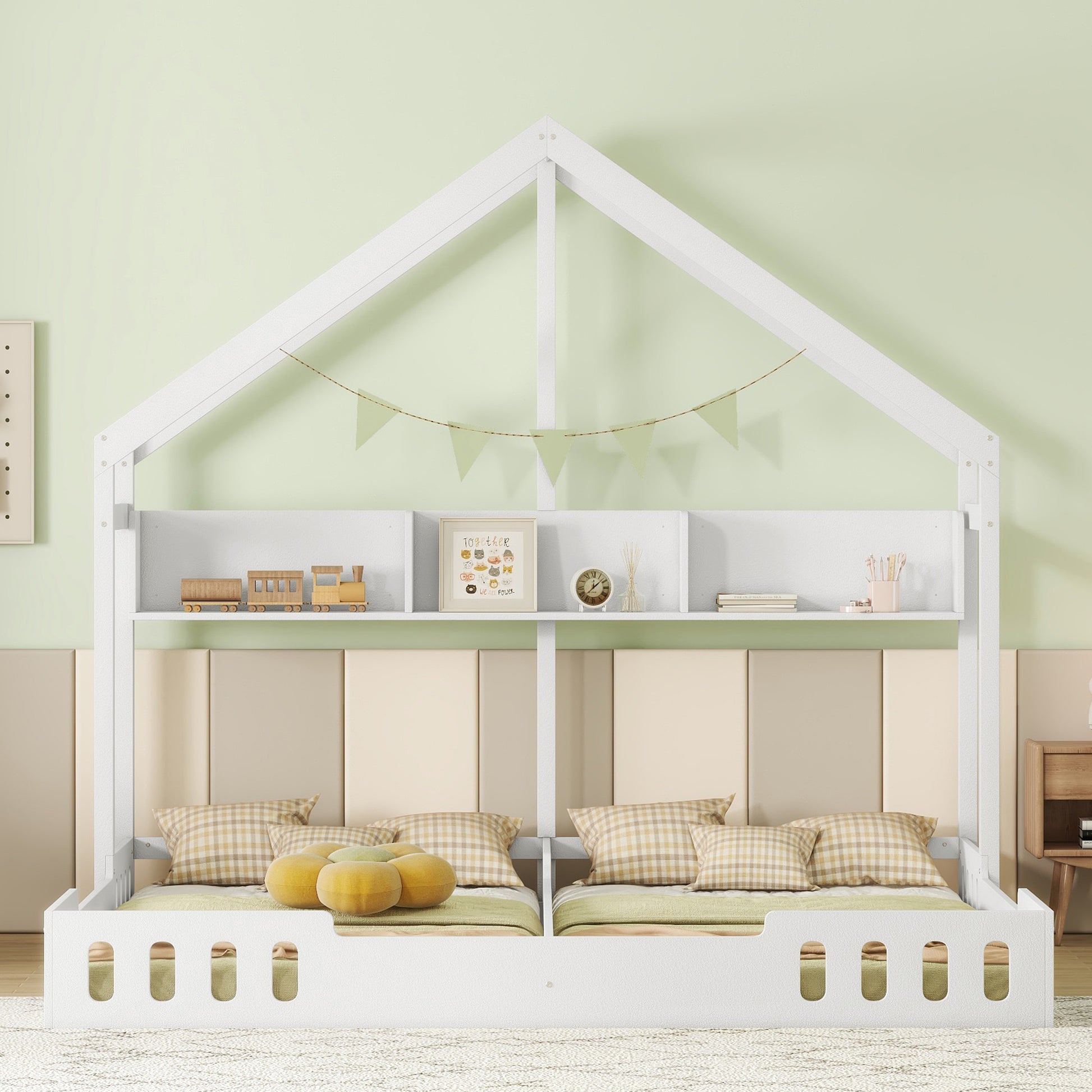 White wooden houseshaped twin bunk bed with two beds and integrated shelving
