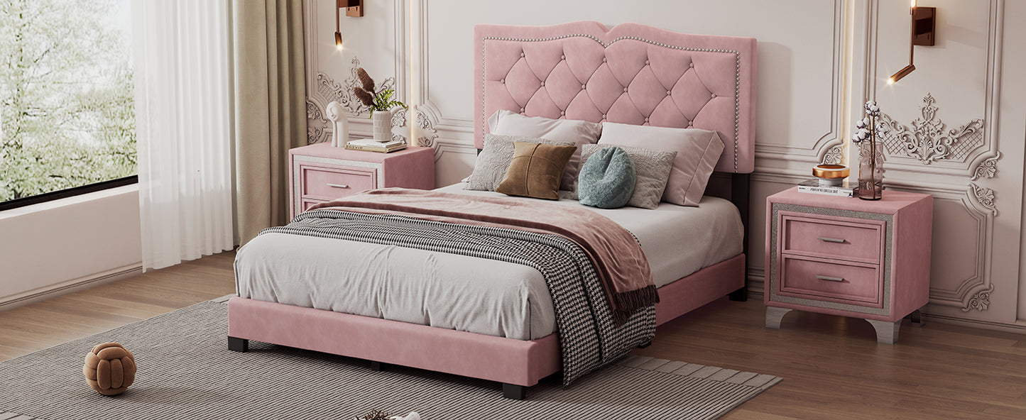 Pink velvet upholstered bed with tufted headboard and crystal trim