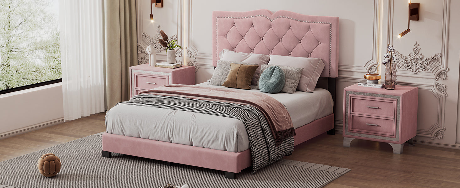 Pink velvet upholstered bed with tufted headboard and crystal trim
