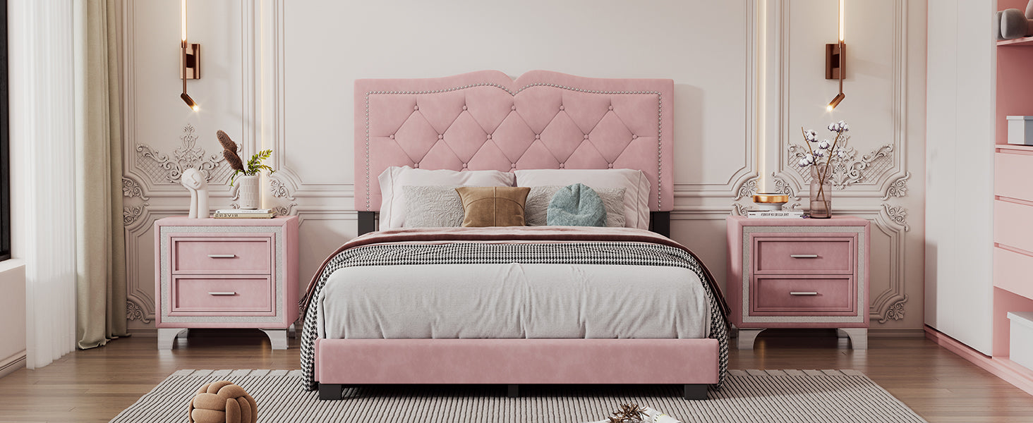 Pink velvet tufted queen bed frame with crystal accents
