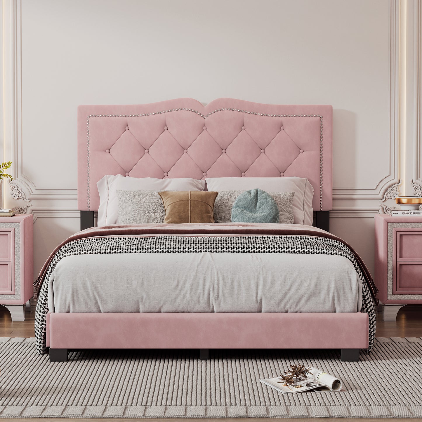 Pink velvet tufted queen bed frame with crystallike studs