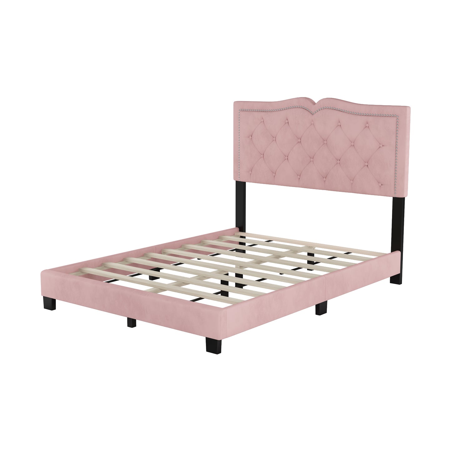 Pink velvet tufted bed frame with silver nailhead trim and wooden slats