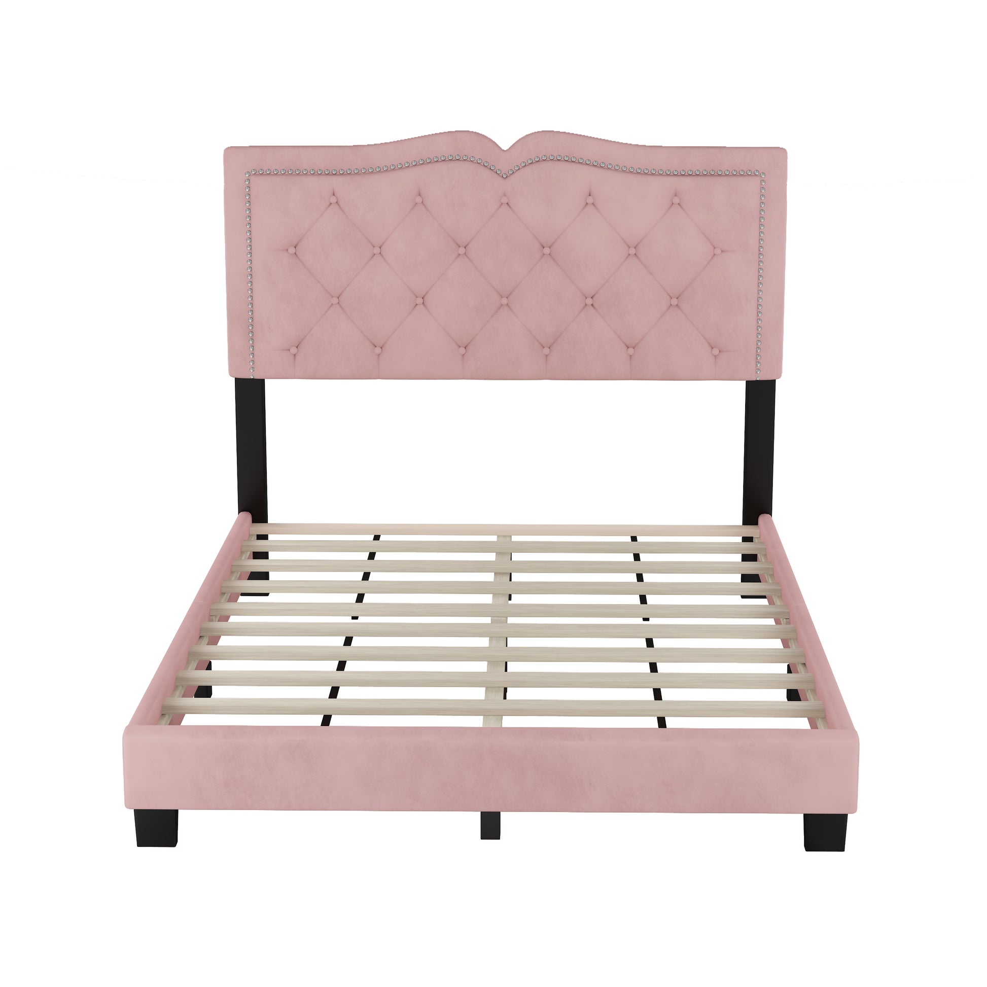 Pink velvet tufted bed frame with silver nailhead trim and wooden slats
