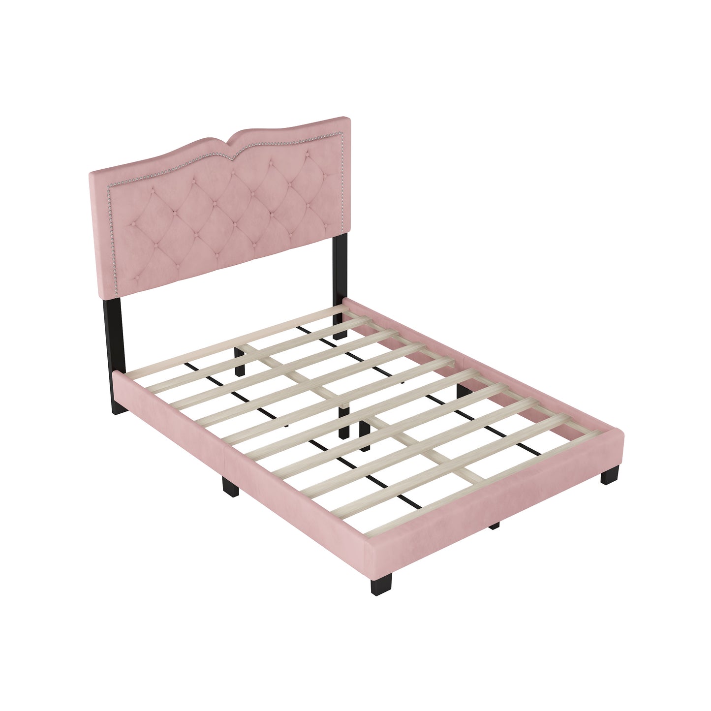Pink velvet tufted bed frame with crystal accents and wooden slats