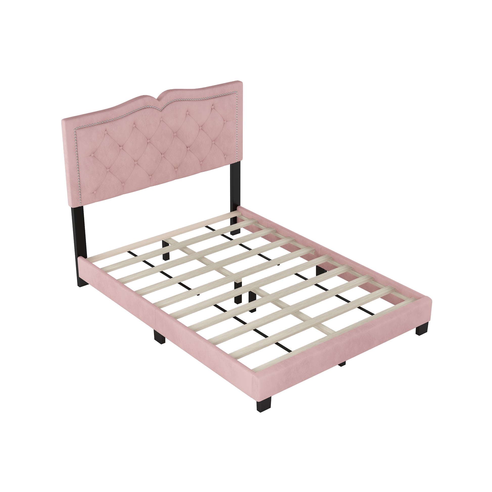 Pink velvet tufted bed frame with crystal accents and wooden slats
