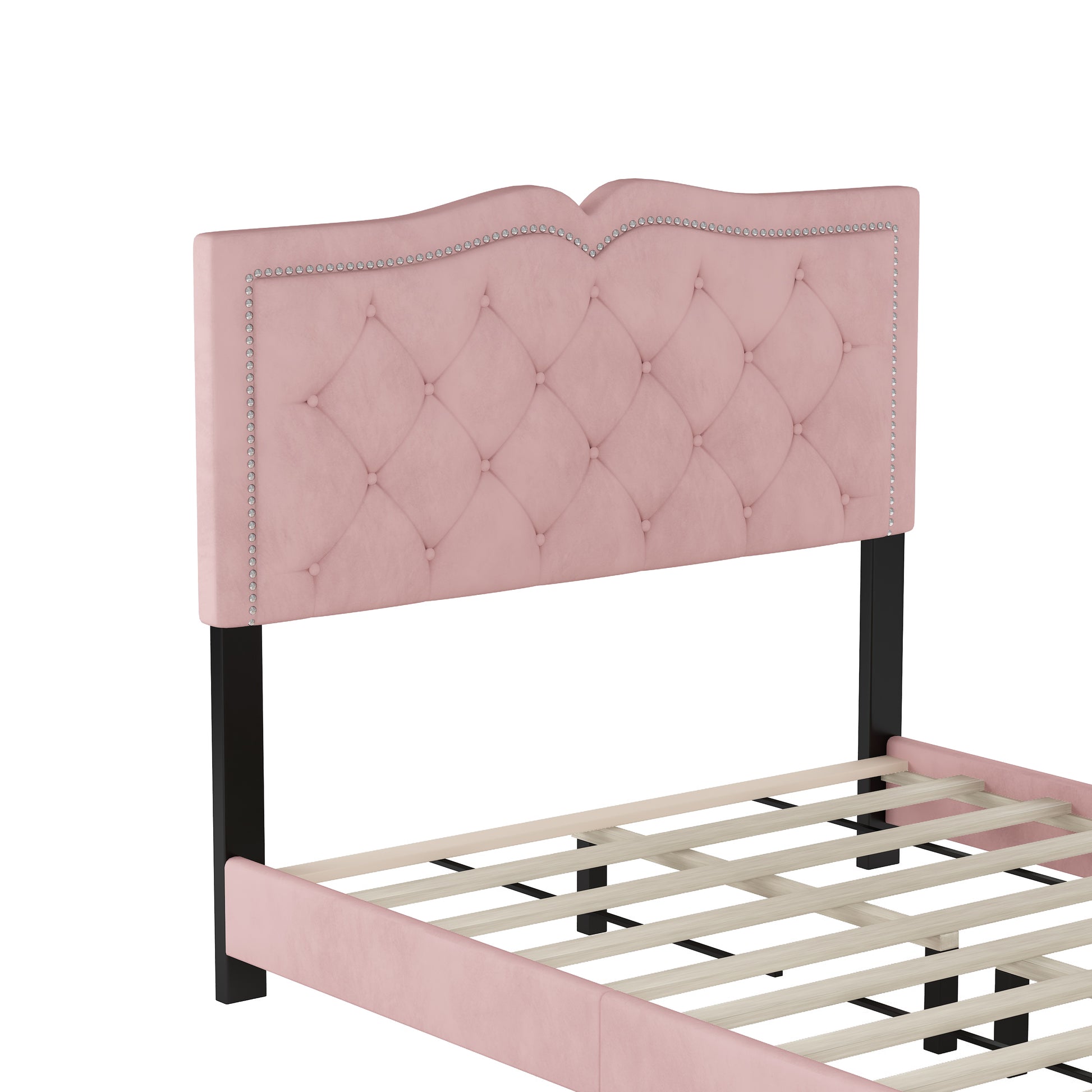 Pink velvet tufted headboard bed frame with silver nailhead trim