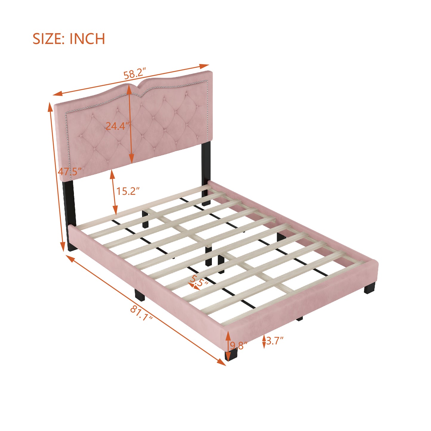 Pink velvet upholstered bed frame with tufted headboard and silver nailhead trim