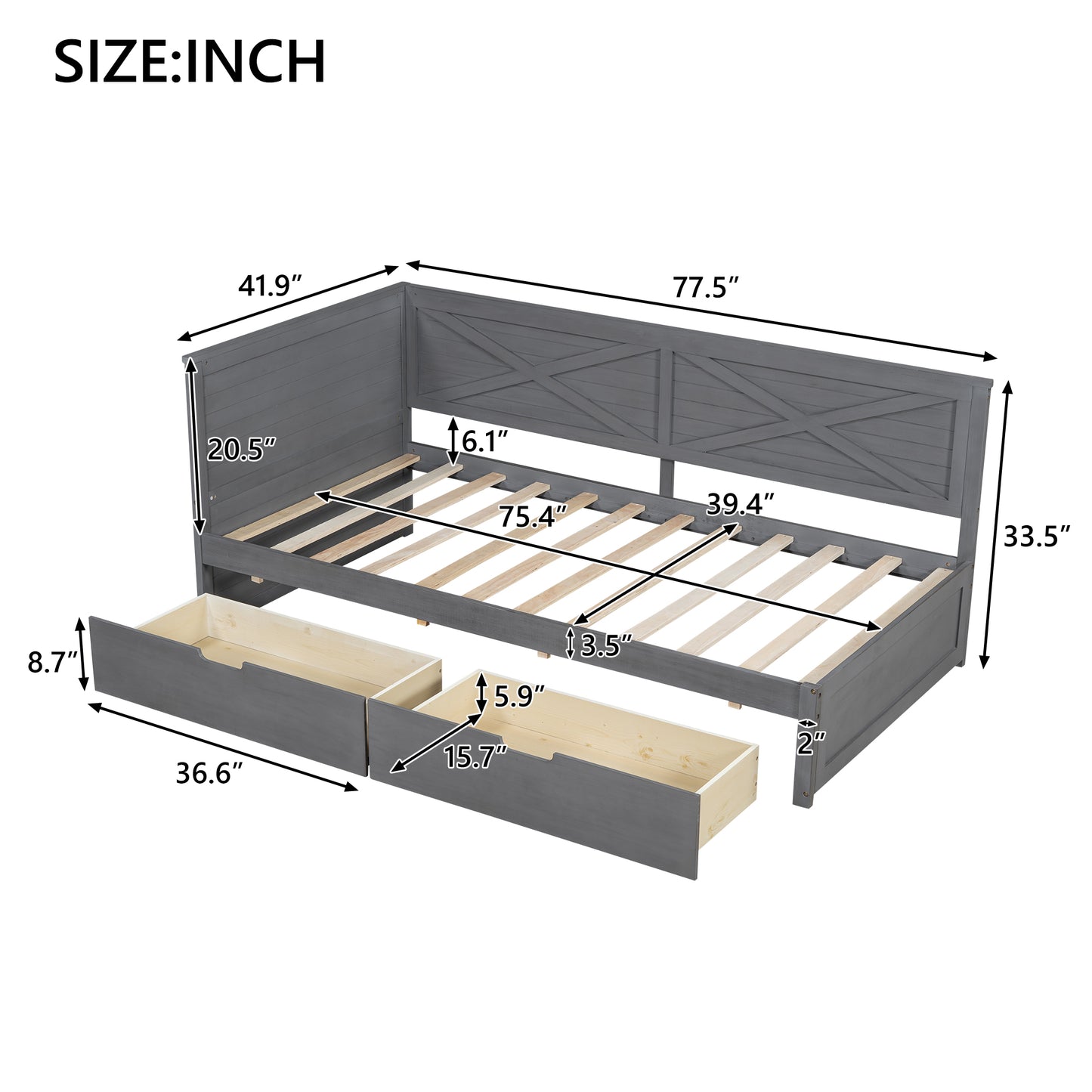 Gray wooden daybed with crossback headboard and two storage drawers