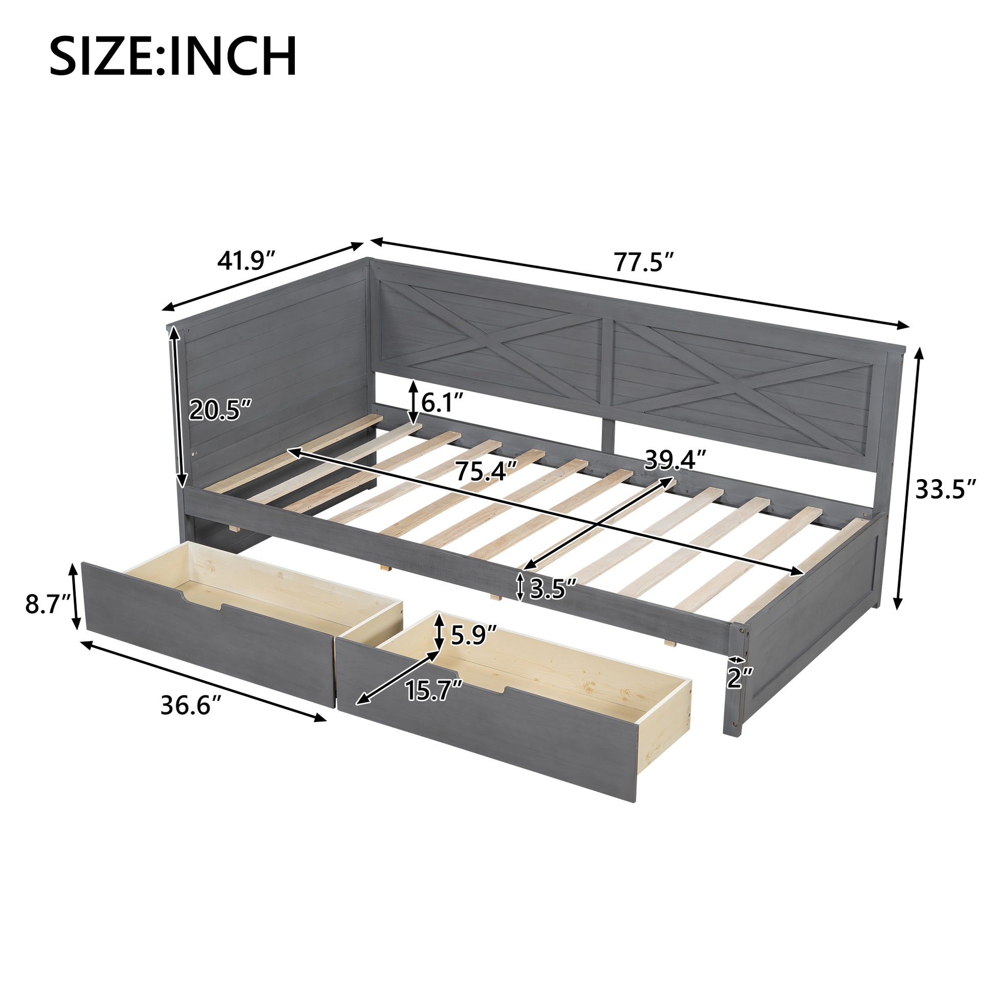 Gray wooden daybed with crossback headboard and two storage drawers