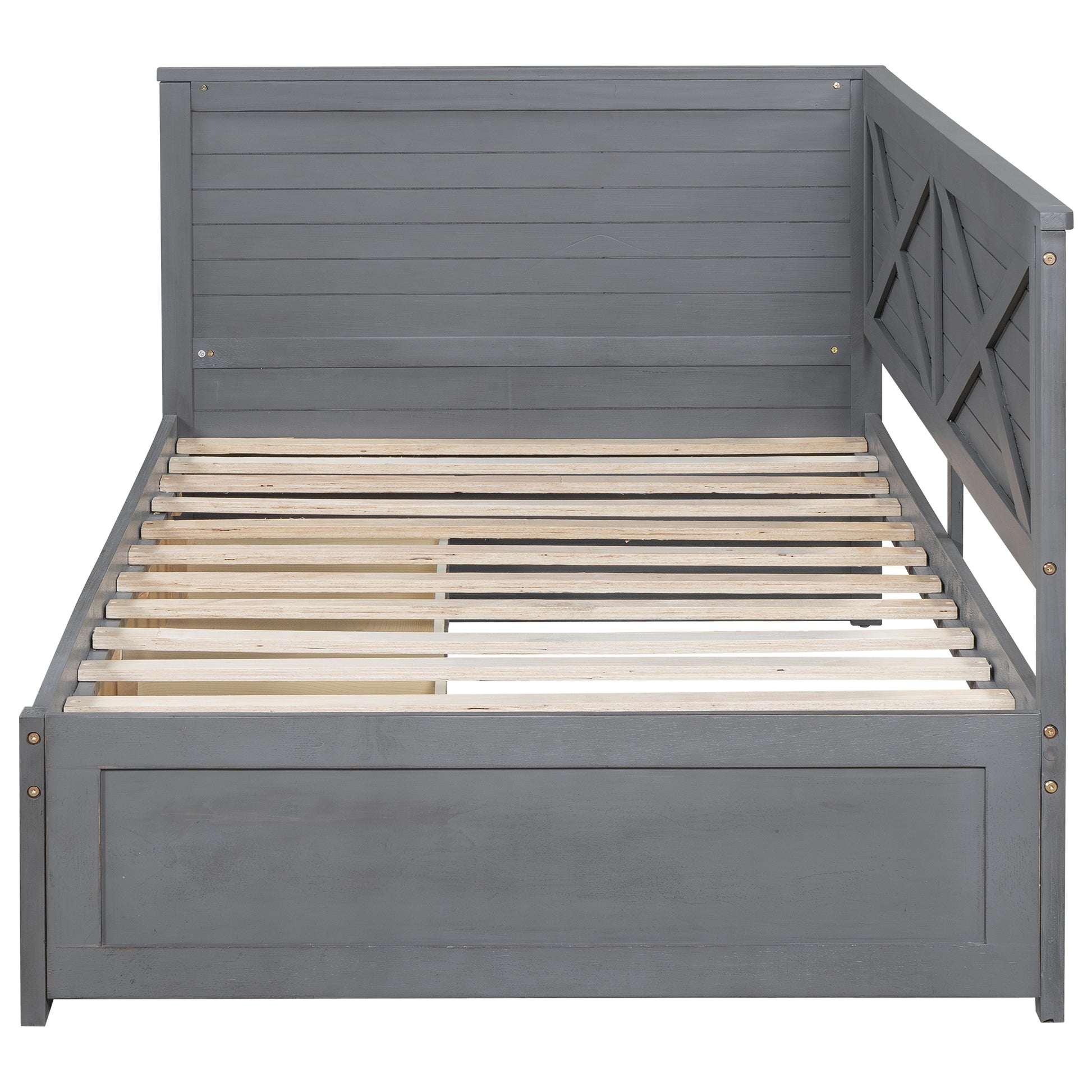 Grey wooden daybed with paneled headboard and slatted support