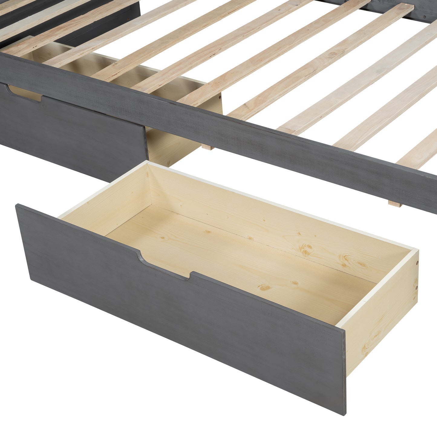 Gray wooden bed frame with exposed slats and an open drawer