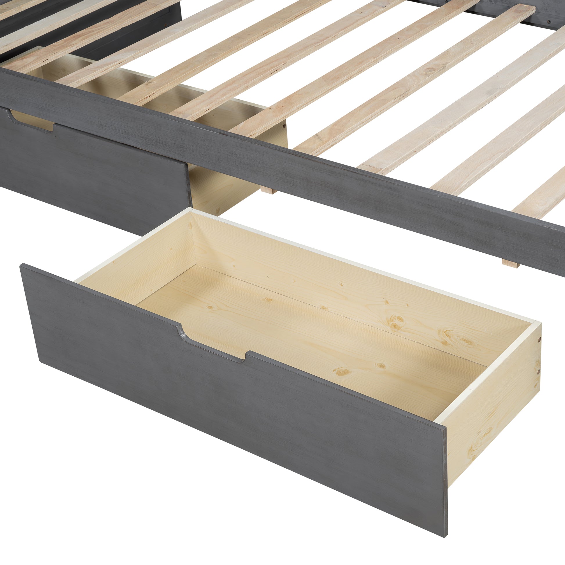 Gray wooden bed frame with exposed slats and an open drawer
