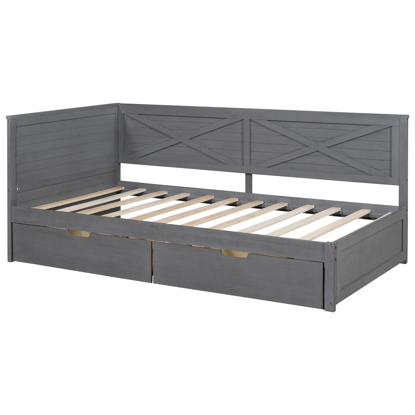 Gray wooden daybed with paneled headboard featuring Xdetail and two drawers