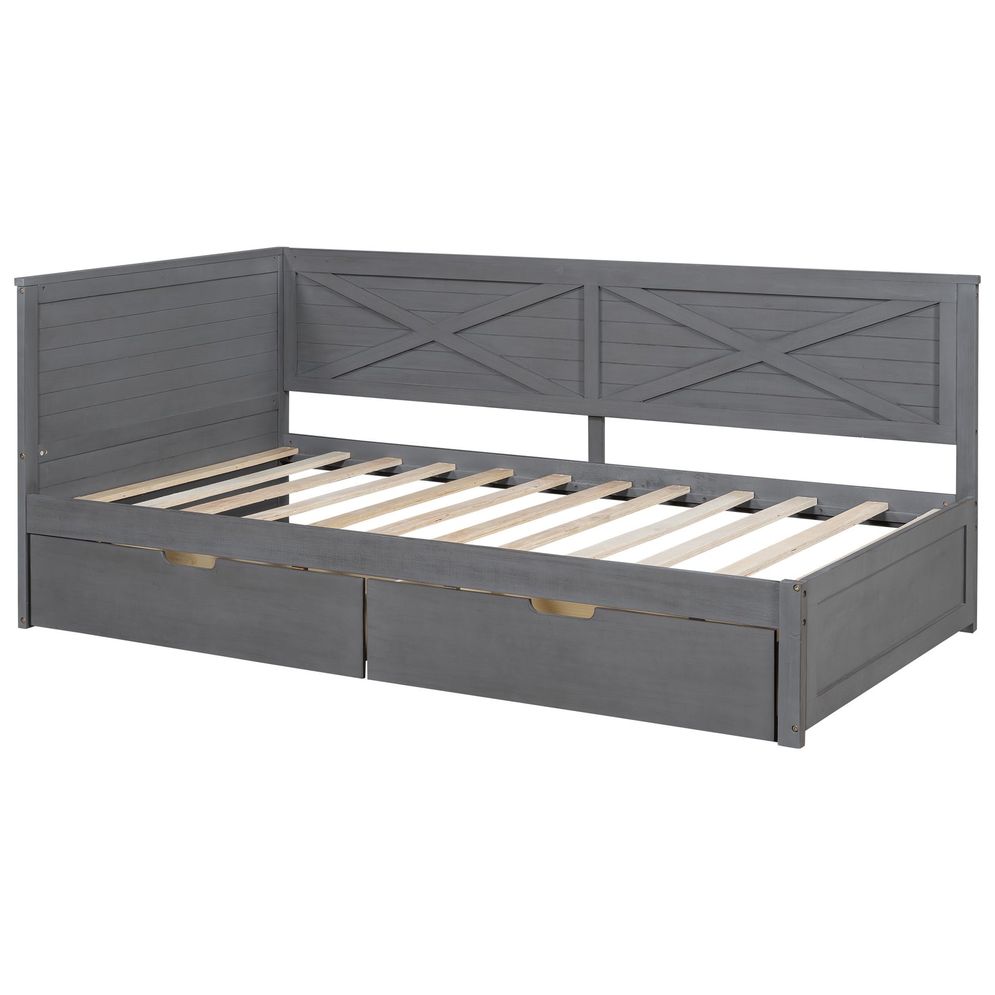 Gray wooden daybed with paneled headboard featuring Xdetail and two drawers
