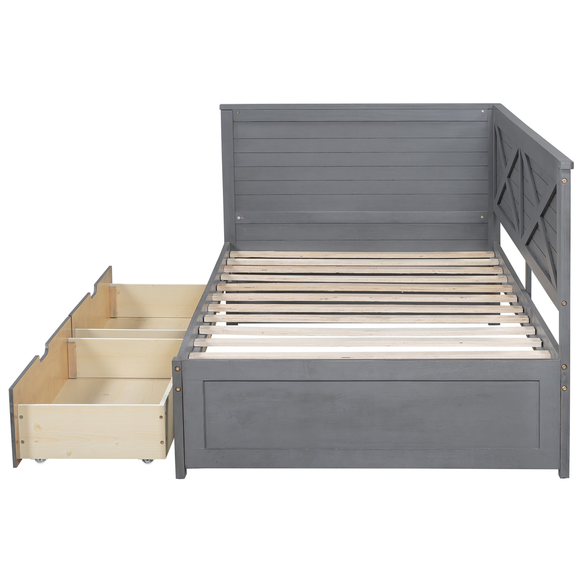 Gray wooden daybed with three pullout storage drawers