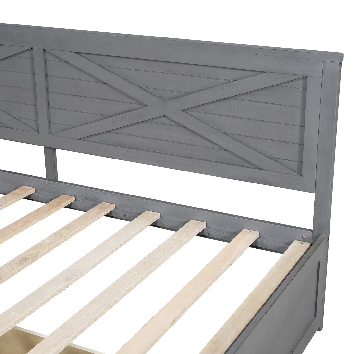 Gray wooden daybed frame with decorative Xslat headboard